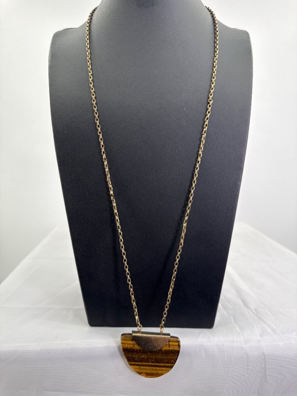 Vtg Mid Century Modernist Tigers Eye Half Moon Pendant Gold Long Chain Necklace